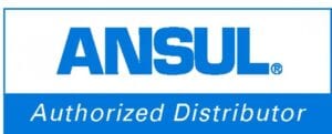 A blue and white logo for ansul.