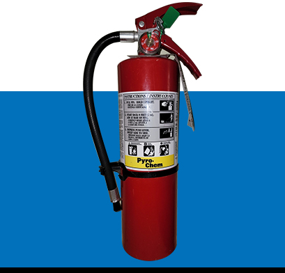 A fire extinguisher is shown on the side of a blue and white background.